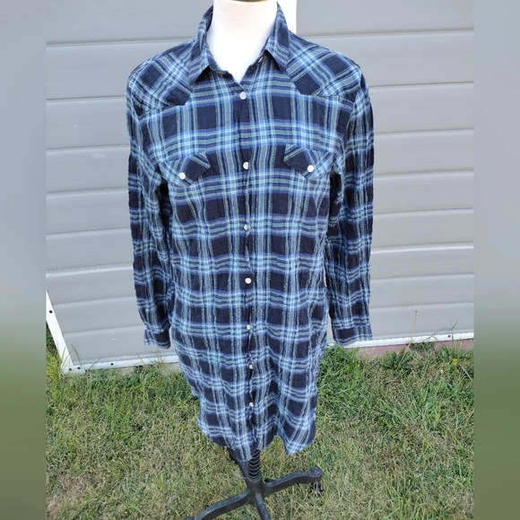 Acne Studios Blue Plaid Long Sleeve Saddle Shirt Dress Size 36 EU Size 4 US - Picture 1 of 9